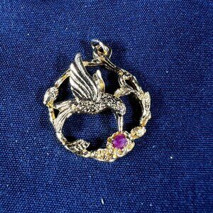 Vintage Gold-Tone Hummingbird Pendant With Ruby-Colored Stone & Floral Design